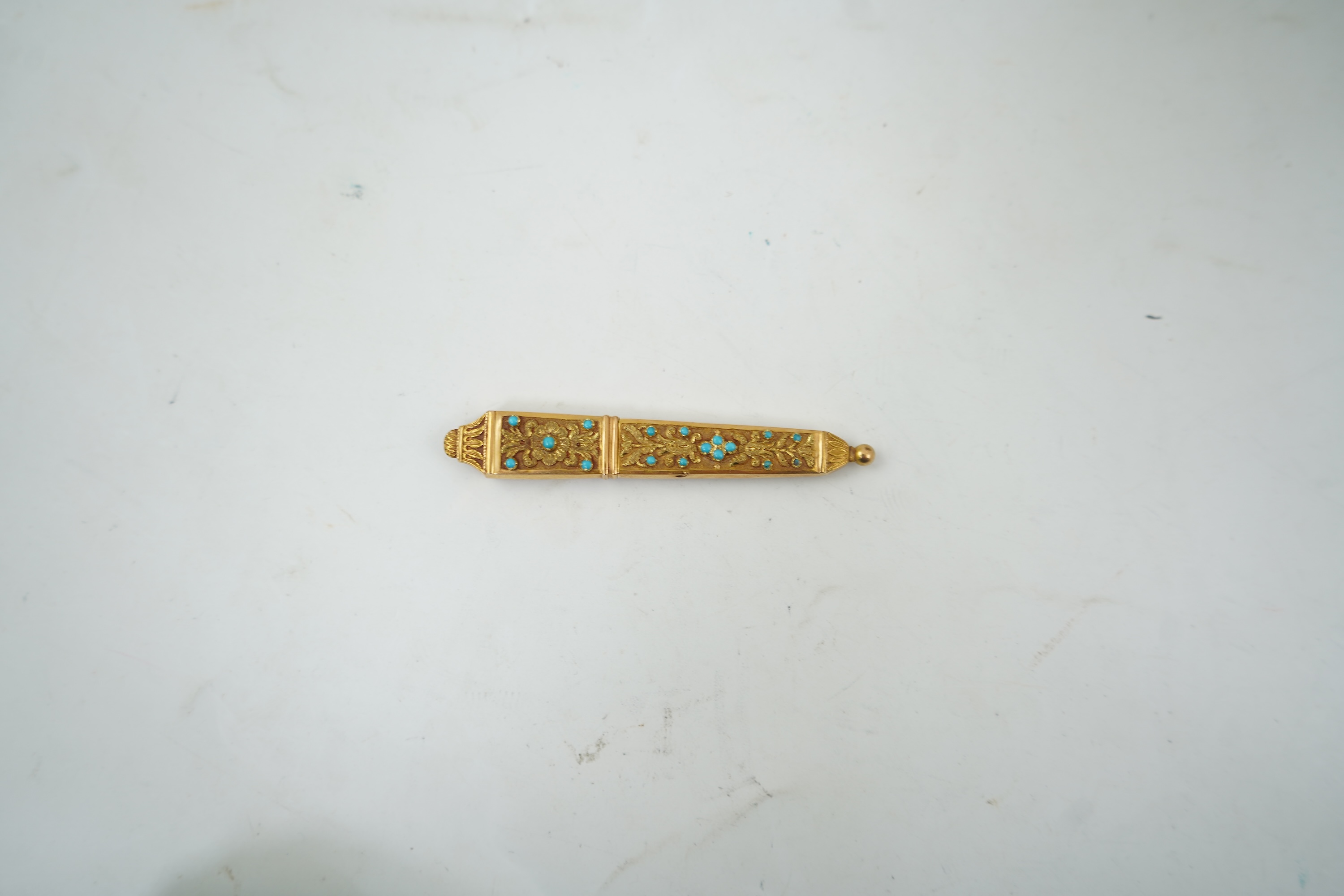 A mid 19th century French opaline glass necessaire box with turquoise and gold mounted accessories